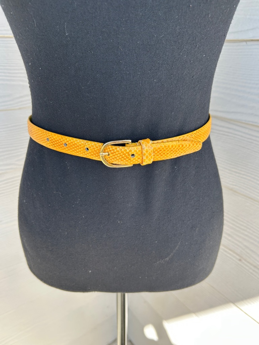 Macyโs yellow, genuine, snake skin, thin belt size small